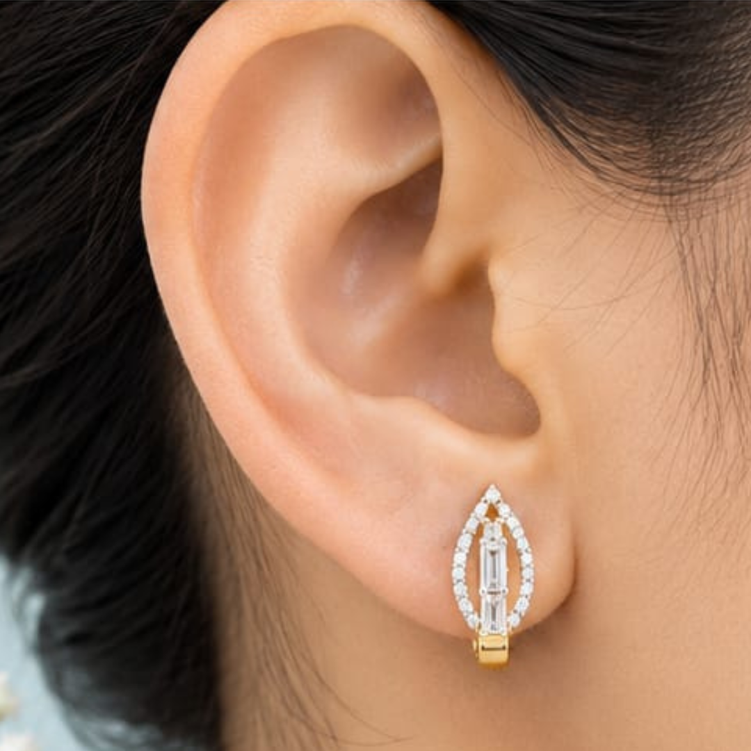 Emerald & Round Yellow Gold Bali Lab Grown Diamond Earrings