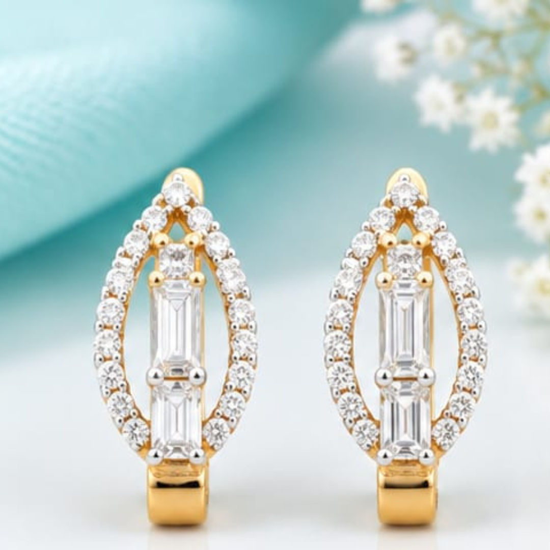 Emerald & Round Yellow Gold Bali Lab Grown Diamond Earrings