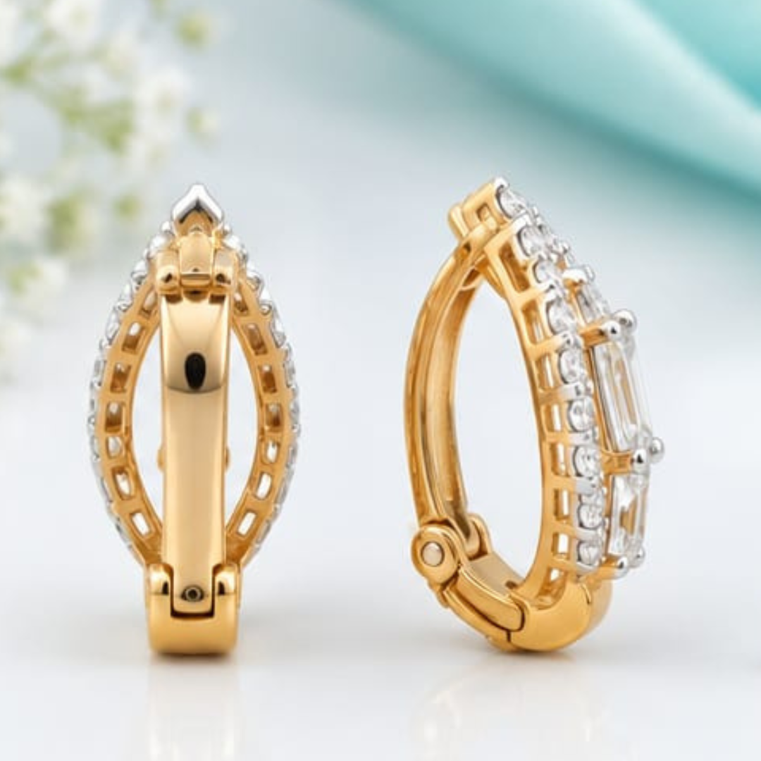 Emerald & Round Yellow Gold Bali Lab Grown Diamond Earrings