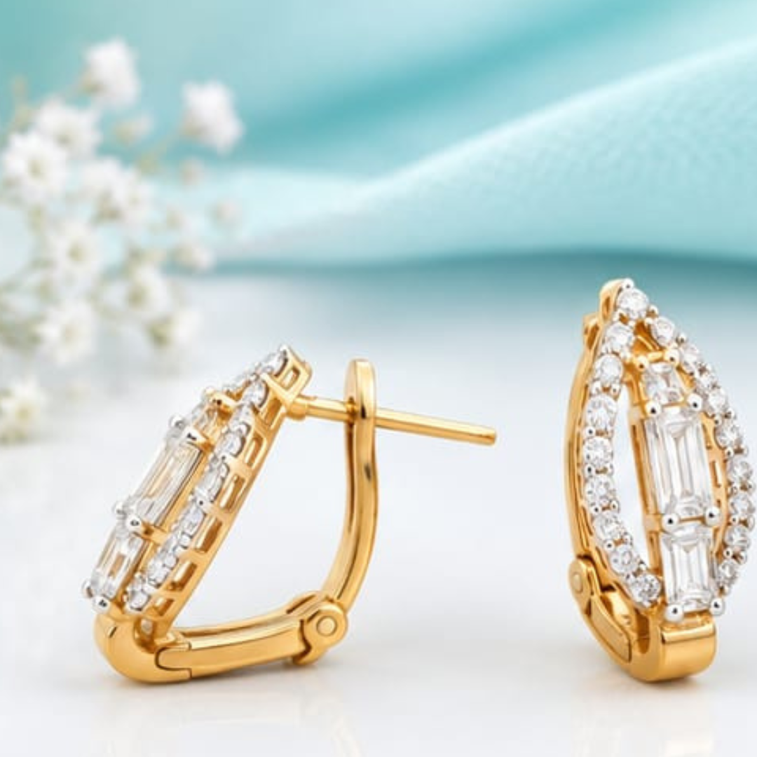 Emerald & Round Yellow Gold Bali Lab Grown Diamond Earrings
